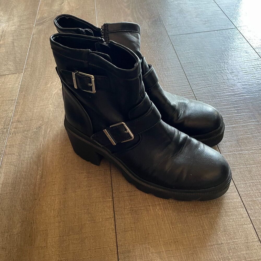 Circus by Sam Edelman Women 9.5M Black Ankle Boots Buckle Strap Chunky Heel Y2K‎